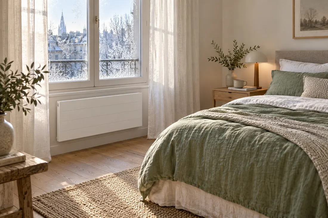 Bright bedroom on a winter morning with a white electric radiator under the window