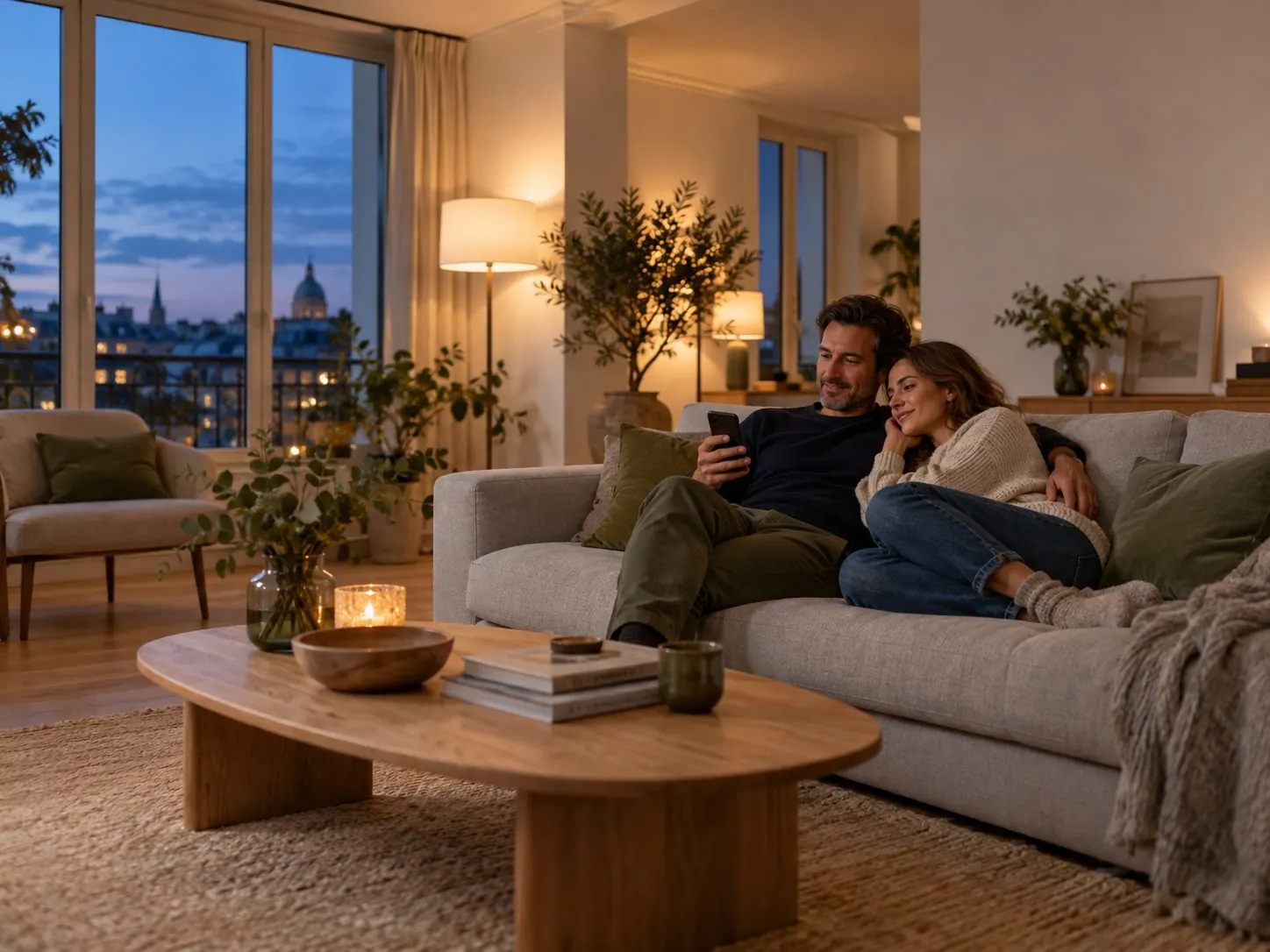 Relaxed couple in a softly lit living room in the evening, holding a smartphone