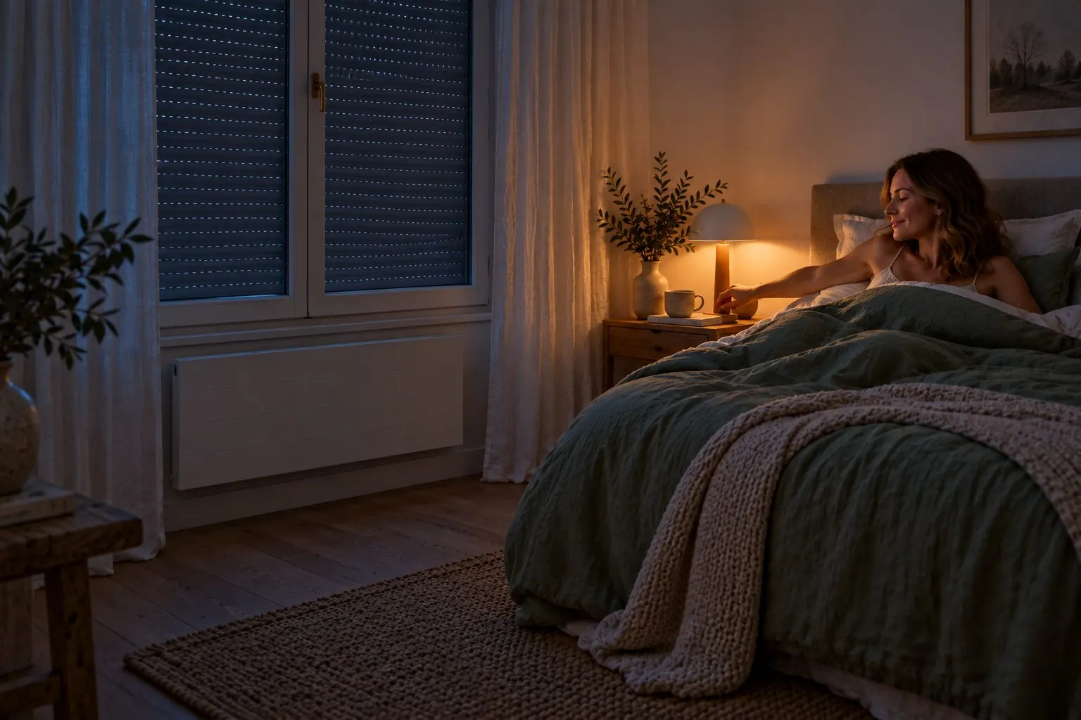 In bed, she switches off the bedside lamp, shutters closed