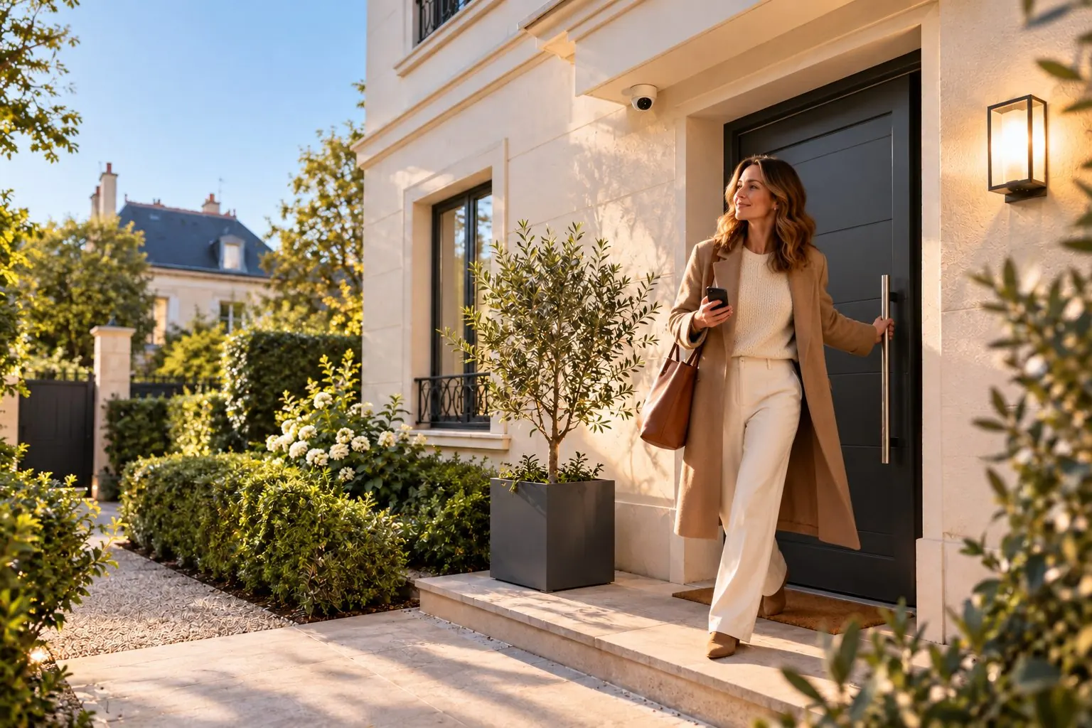 The same woman leaves her house in the morning, phone in hand