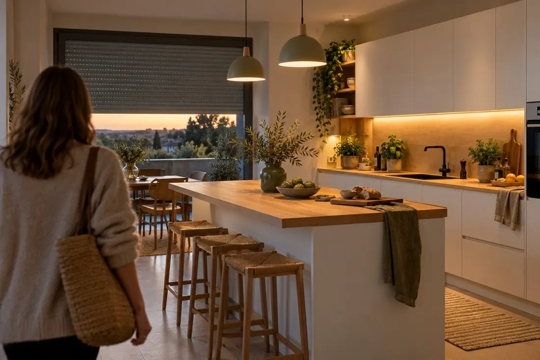 Modern kitchen in the evening with under-cabinet lighting and a half-closed roller shutter