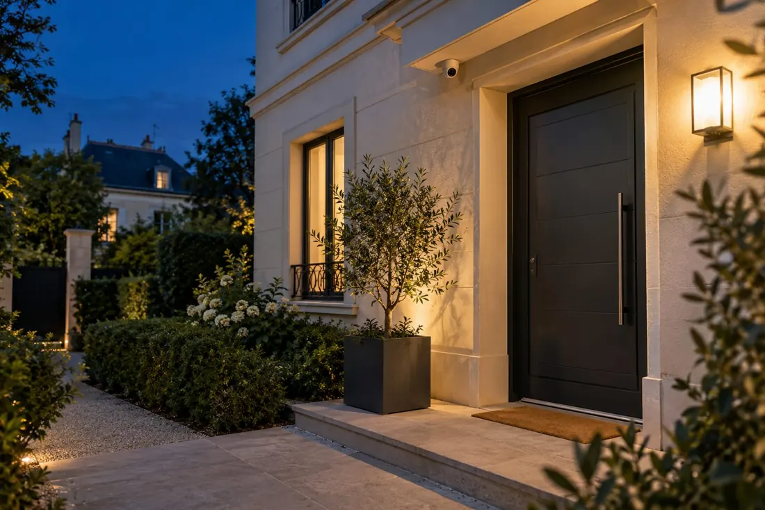House entrance at dusk with a discreet camera above the door
